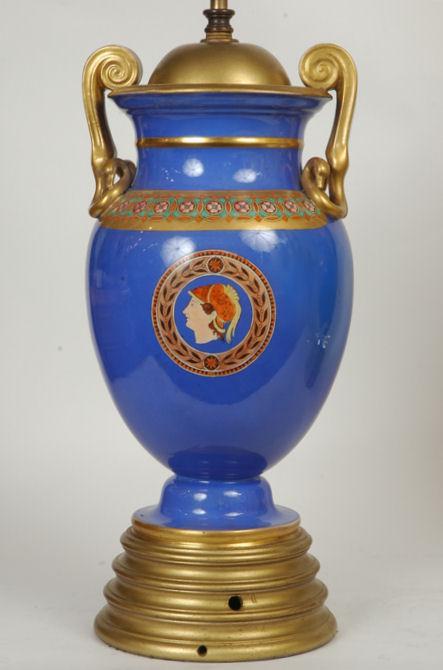 Pair Antique Greco-Roman Blue Glazed Pottery Table Lamps