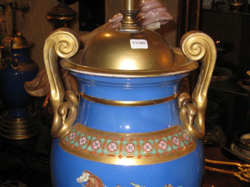 Pair Antique Greco-Roman Blue Glazed Pottery Table Lamps