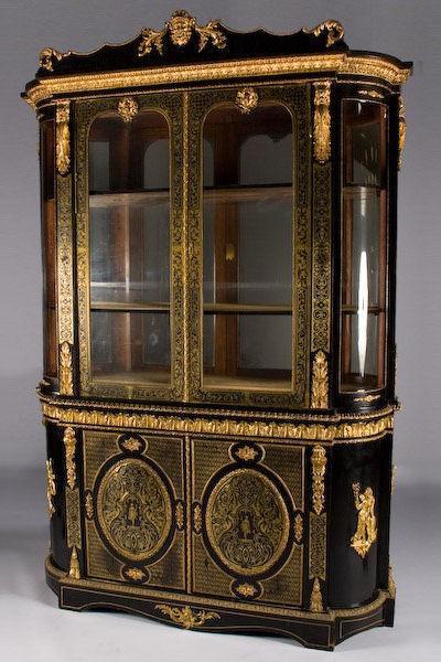 Napoleon III Bronze Mounted Ebonized Cabinet Bookcase with Brass Marquetry