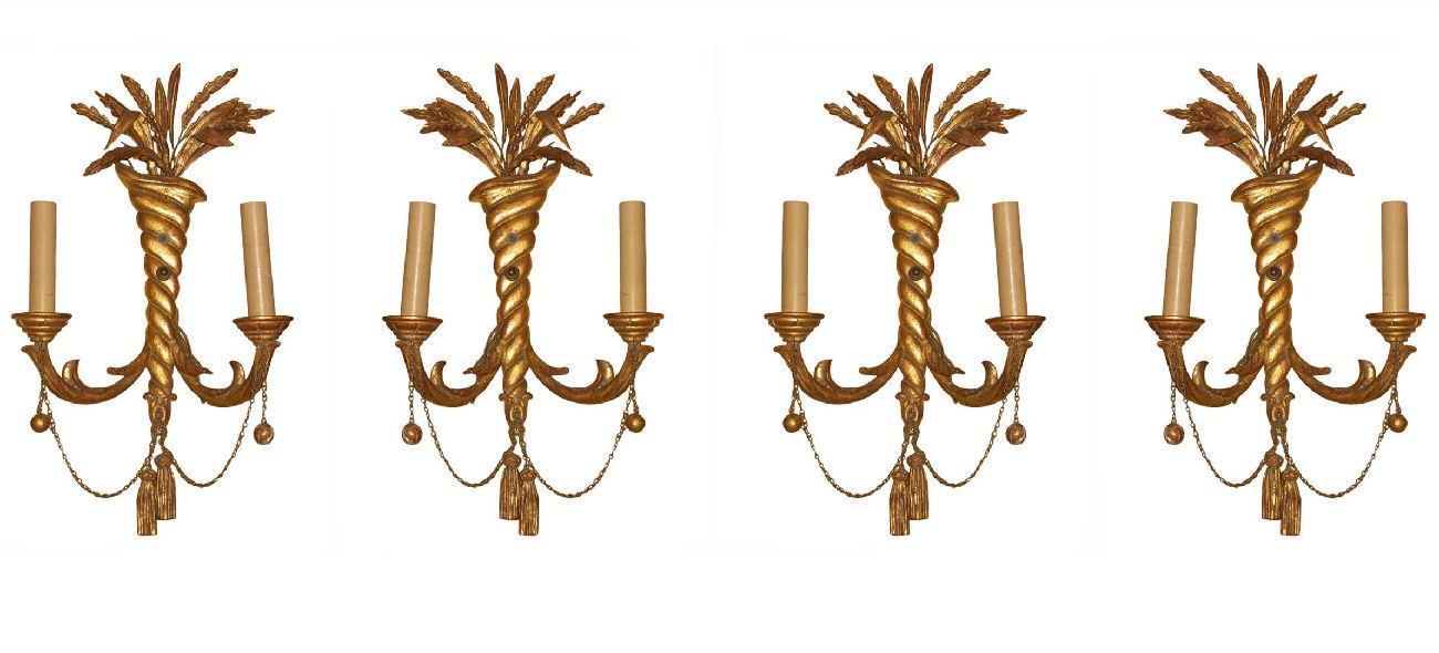 Set Four 4 Louis XV Neoclassical Style Antique Giltwood Sconces