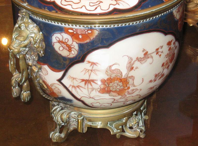 Pair Antique Chinese Imari Porcelain & Bronze Mounted Urns