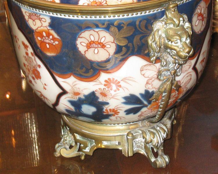 Pair Antique Chinese Imari Porcelain & Bronze Mounted Urns