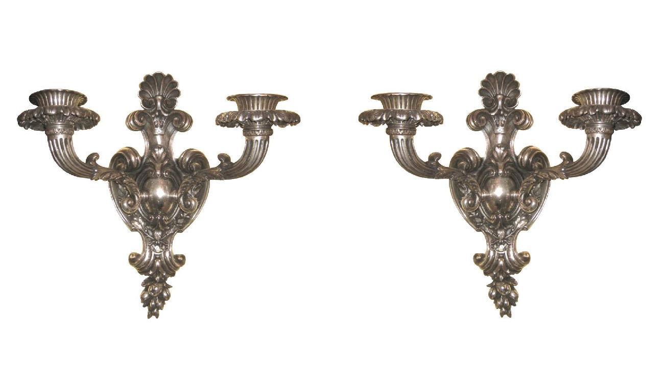 Pair Large Antique French Rococo Style Silvered Bronze Sconces