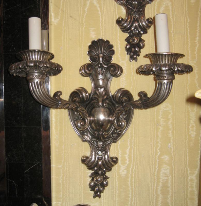 Pair Large Antique French Rococo Style Silvered Bronze Sconces
