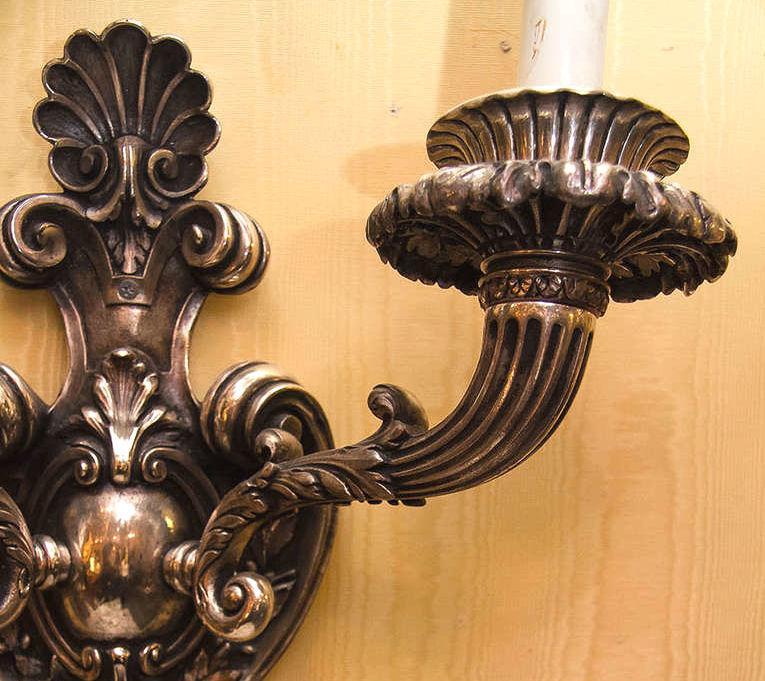 Pair Large Antique French Rococo Style Silvered Bronze Sconces