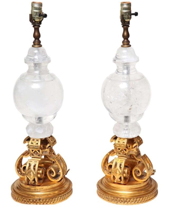 Pair Vintage Neo Gothic Gilt Bronze and Rock Crystal Table Lamps