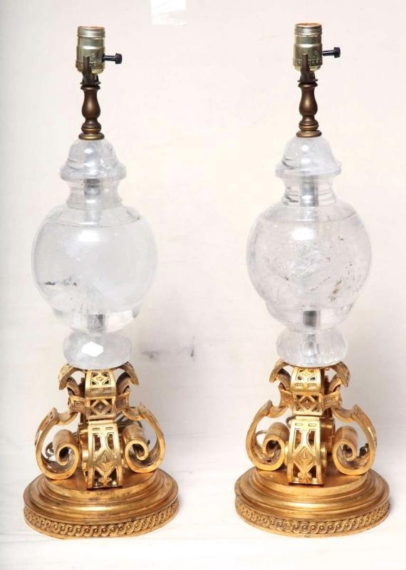 Pair Vintage Neo Gothic Gilt Bronze and Rock Crystal Table Lamps