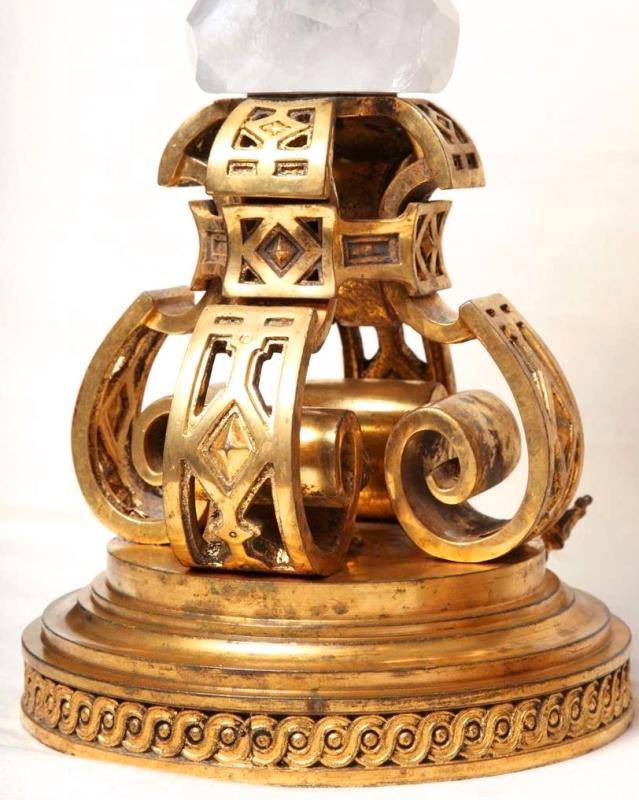 Pair Vintage Neo Gothic Gilt Bronze and Rock Crystal Table Lamps