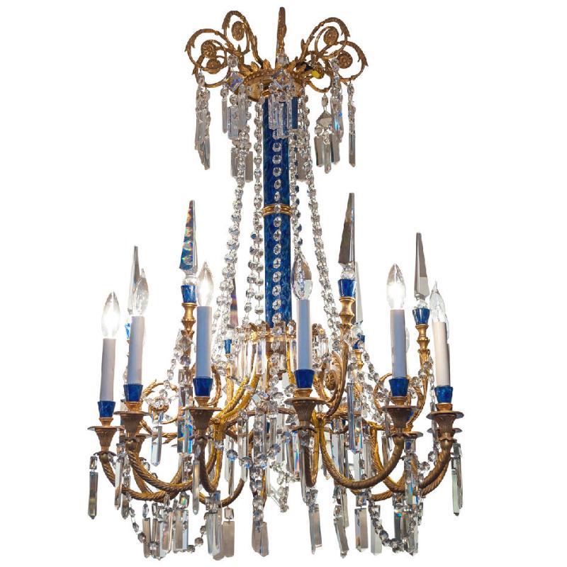French Louis XVI Style Gilded Bronze and Faux Lapis Lazuli Stone Chandelier