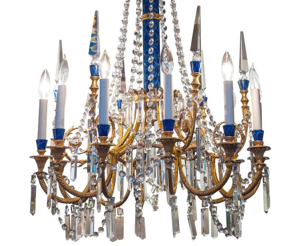 French Louis XVI Style Gilded Bronze and Faux Lapis Lazuli Stone Chandelier
