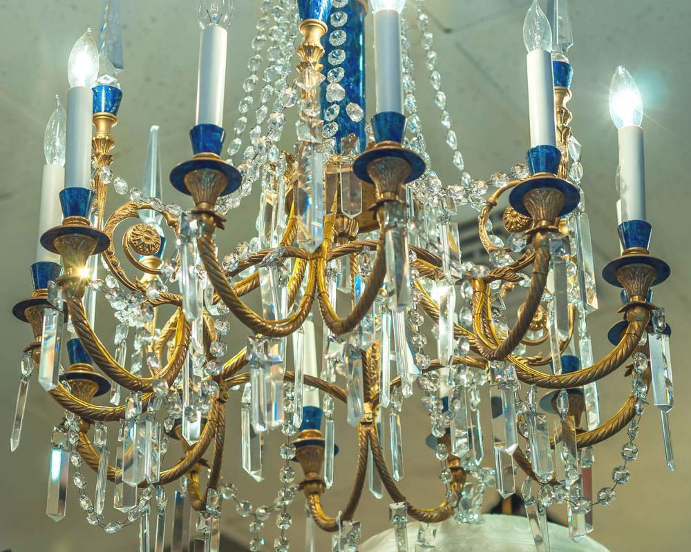 French Louis XVI Style Gilded Bronze and Faux Lapis Lazuli Stone Chandelier
