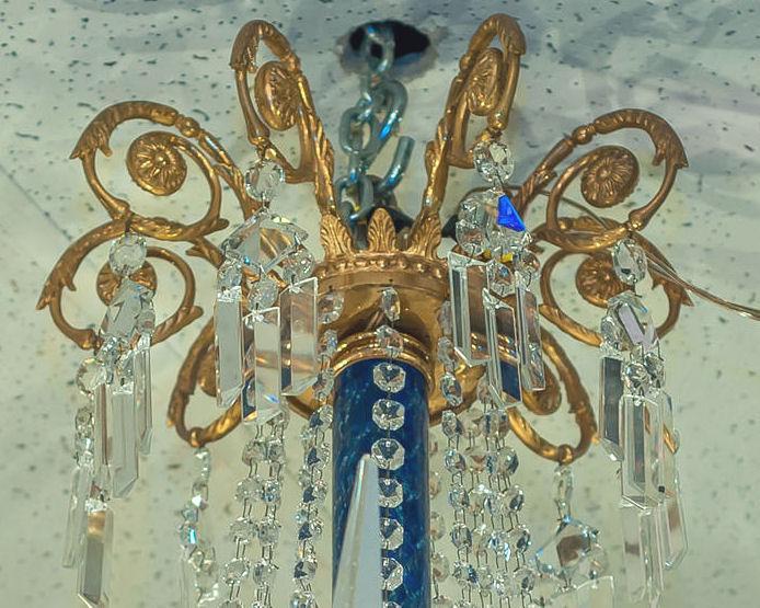 French Louis XVI Style Gilded Bronze and Faux Lapis Lazuli Stone Chandelier