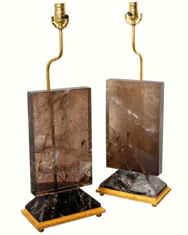 Pair Contemporary Smoke Colored Quartz Rock Crystal Table Lamps