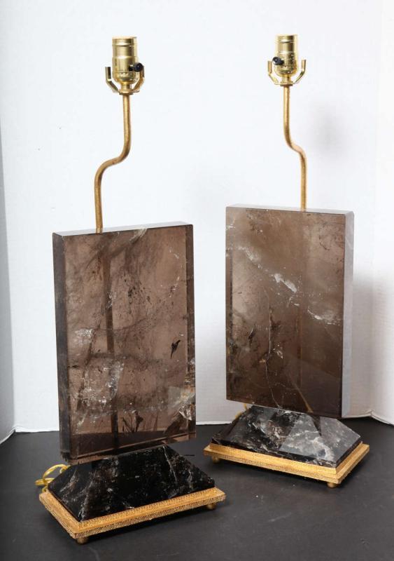 Pair Contemporary Smoke Colored Quartz Rock Crystal Table Lamps