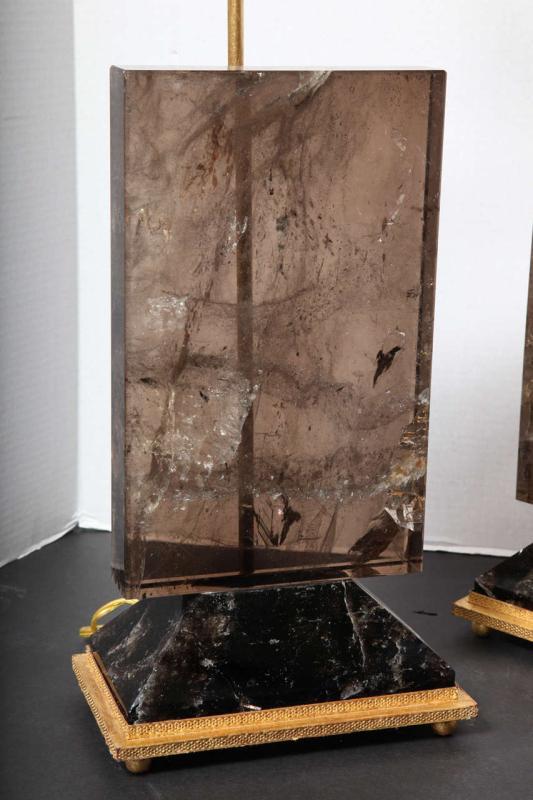 Pair Contemporary Smoke Colored Quartz Rock Crystal Table Lamps