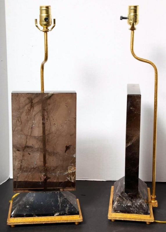 Pair Contemporary Smoke Colored Quartz Rock Crystal Table Lamps