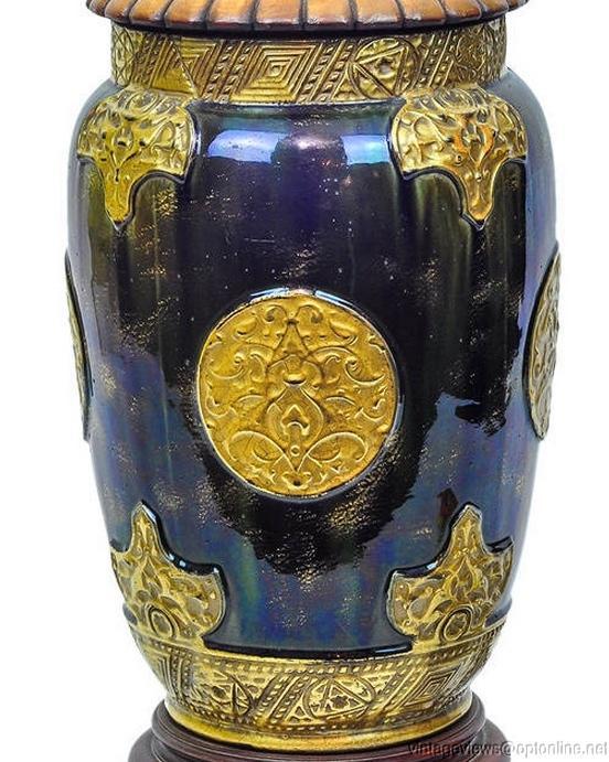 Antique Iridescent Blue Glazed Pottery Vase Lamp
