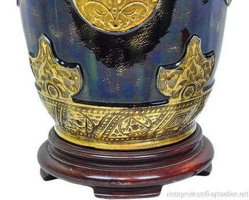 Antique Iridescent Blue Glazed Pottery Vase Lamp