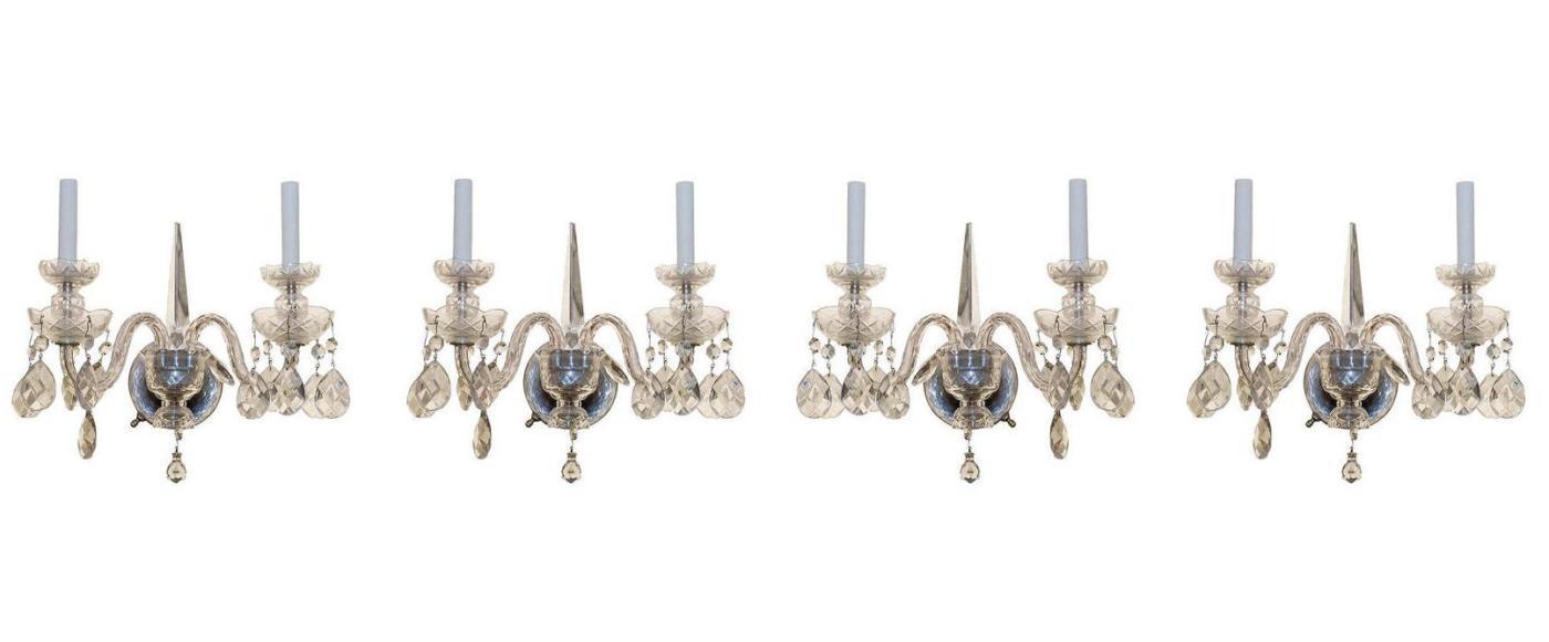 Set of Four (4) Antique Cut Crystal English Georgian Style Sconces