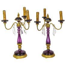 Pair Mid Century French Gilt Metal Amethyst Glass Candelabra Lamps