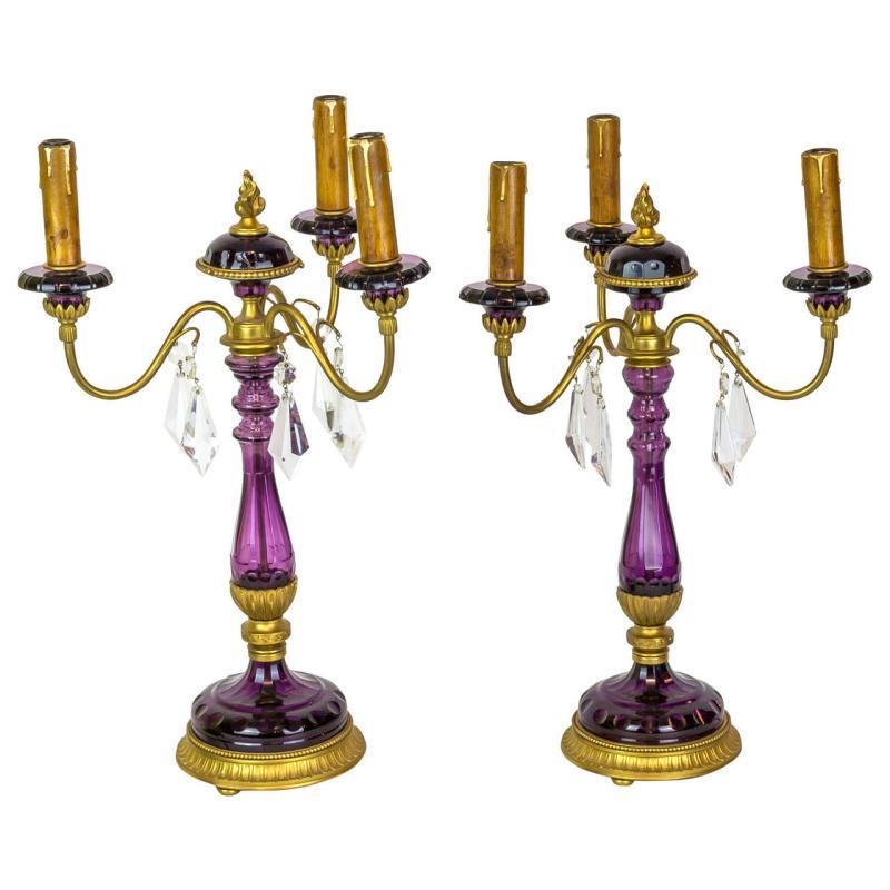 Pair Mid Century French Gilt Metal Amethyst Glass Candelabra Lamps