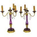 Pair Mid Century French Gilt Metal Amethyst Glass Candelabra Lamps