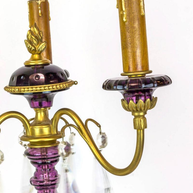 Pair Mid Century French Gilt Metal Amethyst Glass Candelabra Lamps