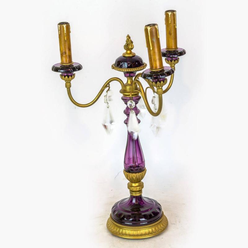 Pair Mid Century French Gilt Metal Amethyst Glass Candelabra Lamps