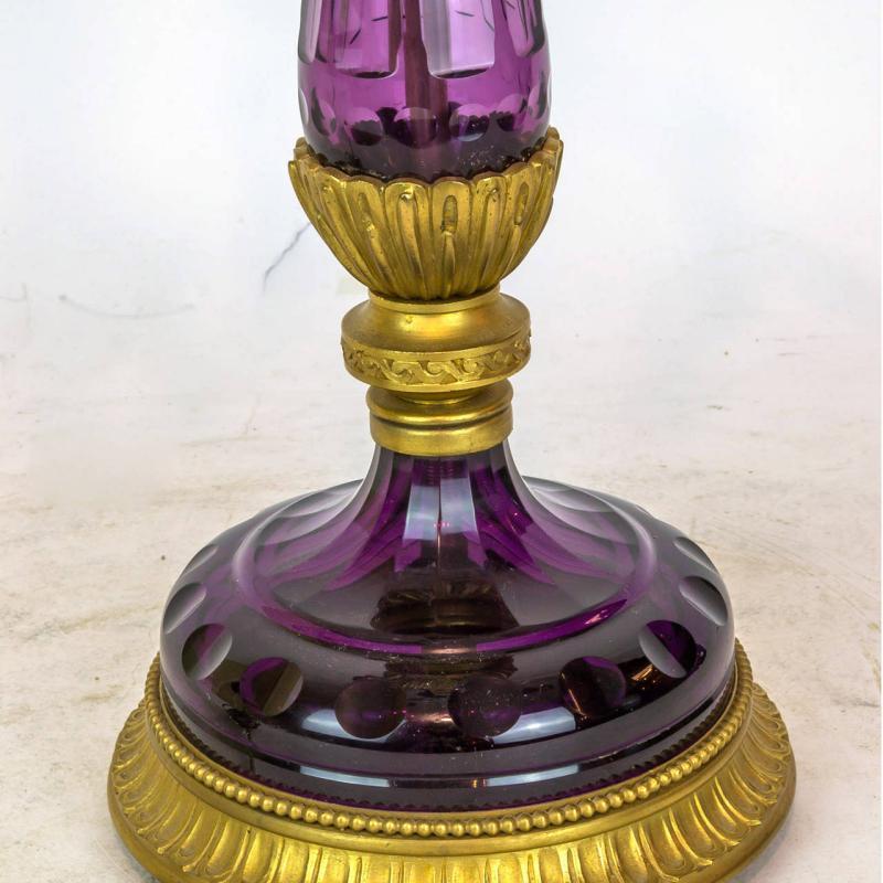 Pair Mid Century French Gilt Metal Amethyst Glass Candelabra Lamps
