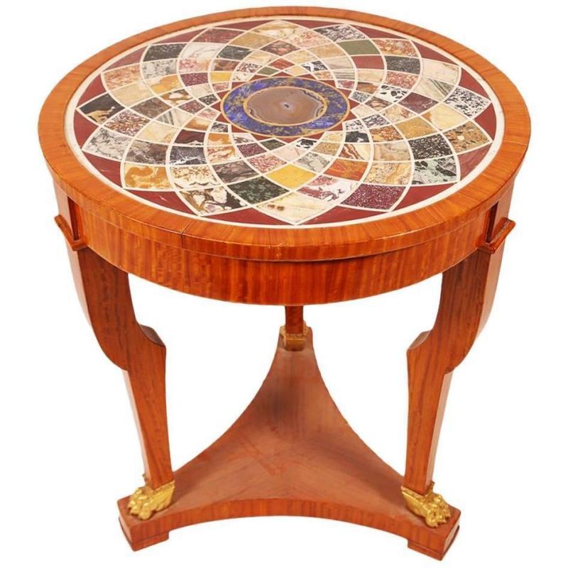 Antique Continental Neoclassical Mosaic Inlaid Specimen Marble Round Center Table