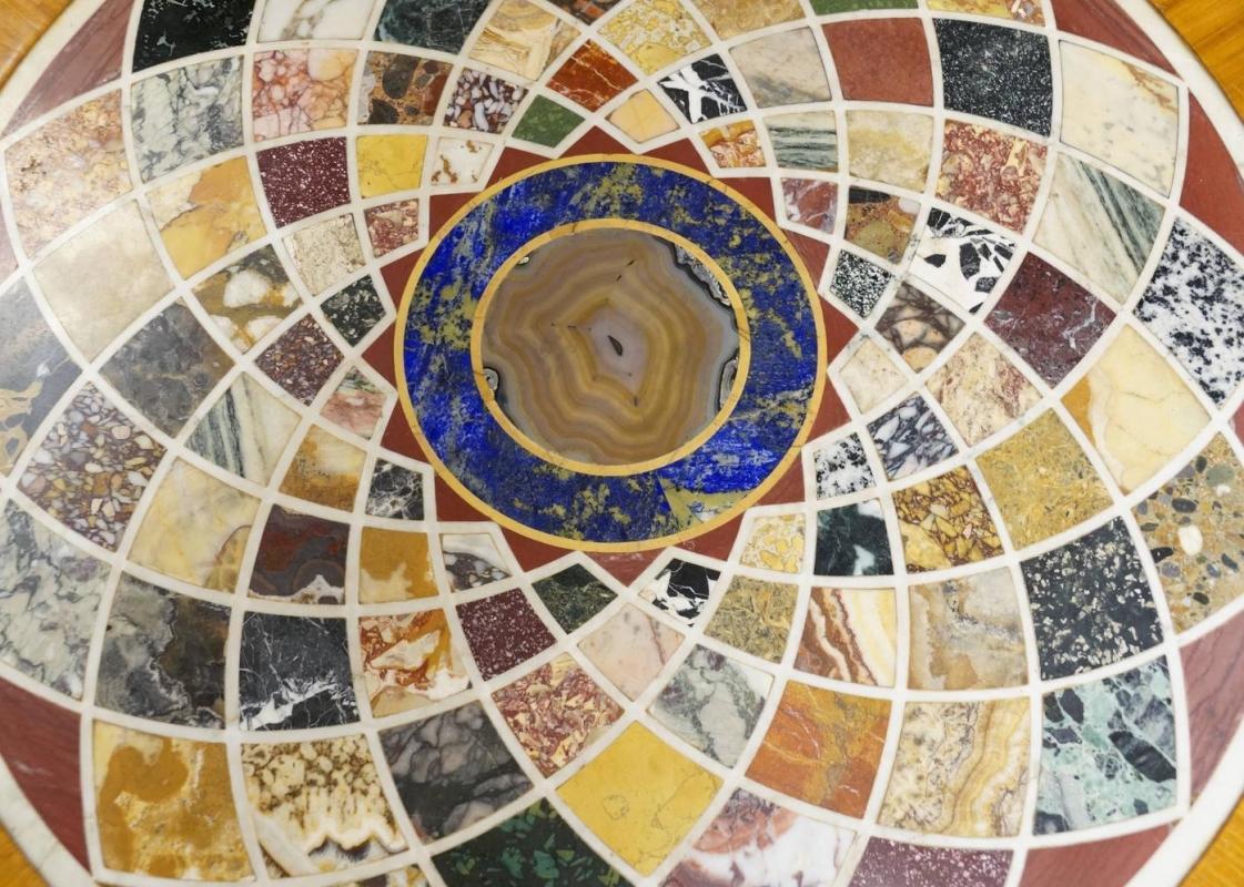 Antique Continental Neoclassical Mosaic Inlaid Specimen Marble Round Center Table