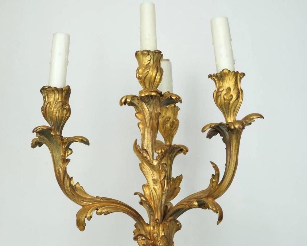 Pair Antique Edward Caldwell Gilt Bronze Neoclassical Candelabra Table Lamps