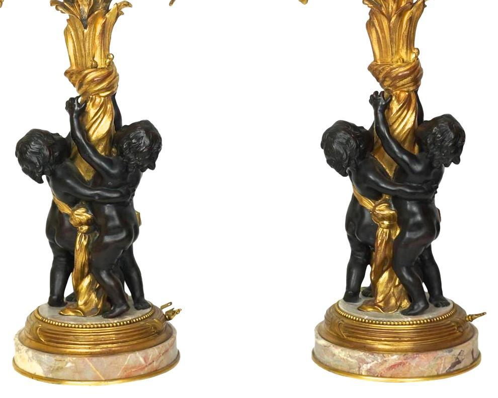 Pair Antique Edward Caldwell Gilt Bronze Neoclassical Candelabra Table Lamps