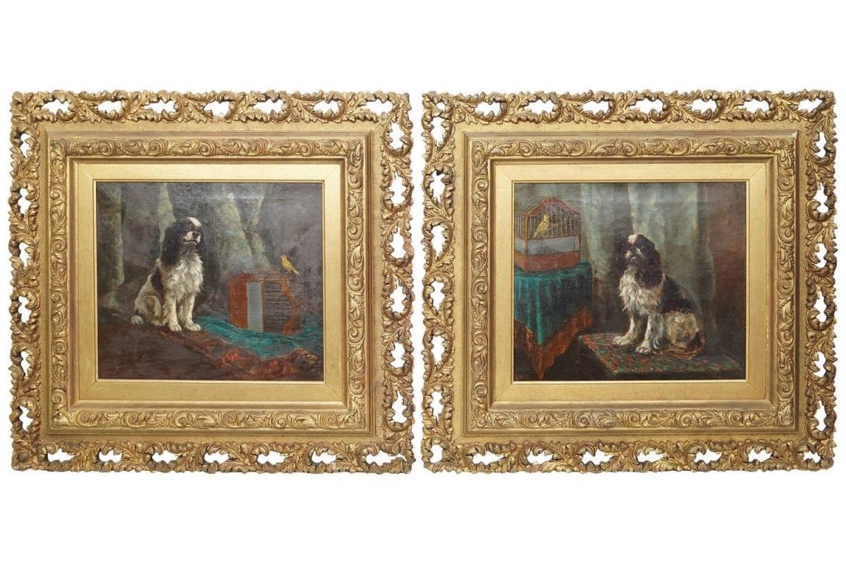 Pair William Simpson (1866-1909) Oil Paintings of King Charles Spaniel Dogs