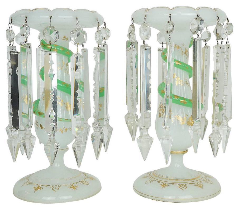 Pair Antique French Opaline Glass Luster Candleholders
