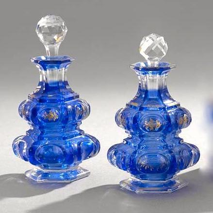 Pair Antique Gilded Flashed Blue Parcel Gilt Glass Perfume Fragrance Bottles