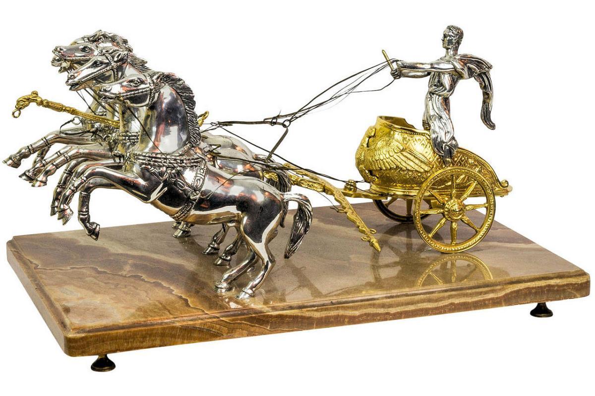 Silvered and Gilt Bronze Roman Chariot Warrior Sculpture