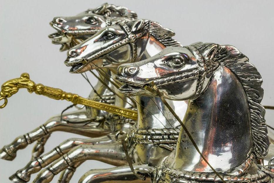 Silvered and Gilt Bronze Roman Chariot Warrior Sculpture