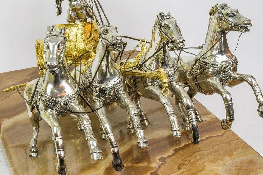 Silvered and Gilt Bronze Roman Chariot Warrior Sculpture