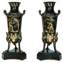 Pair French Neo-Grecian Greek Revival Bronze Amphora Vases After Ferdinand Levillain