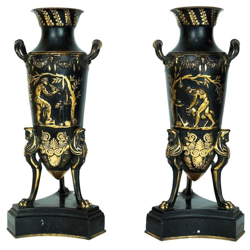 Pair French Neo-Grecian Greek Revival Bronze Amphora Vases After Ferdinand Levillain