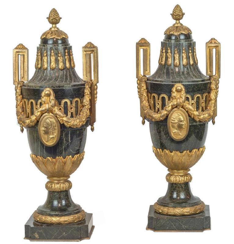 Pair Antique French Louis XVI Style Vert de Maurin Green Marble Bronze Mounted Urns