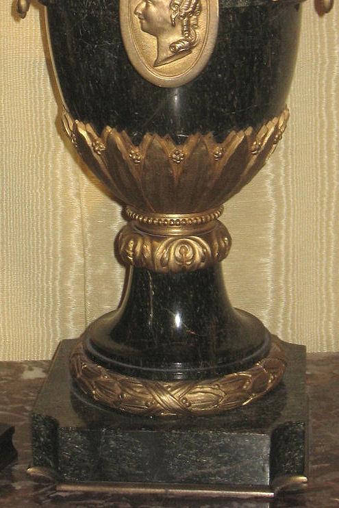 Pair Antique French Louis XVI Style Vert de Maurin Green Marble Bronze Mounted Urns