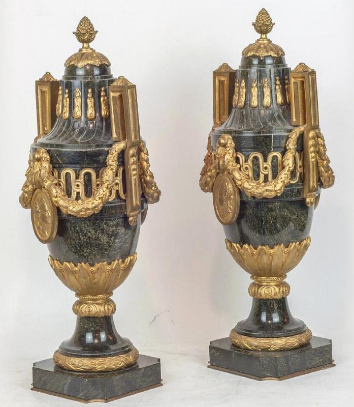 Pair Antique French Louis XVI Style Vert de Maurin Green Marble Bronze Mounted Urns