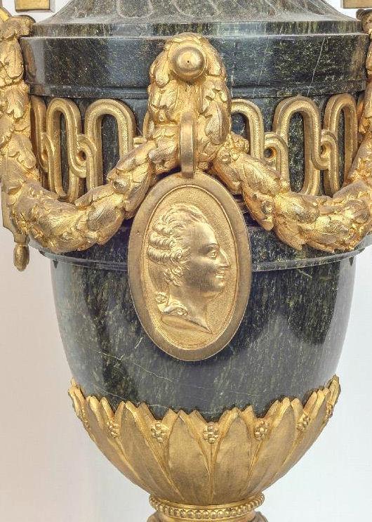 Pair Antique French Louis XVI Style Vert de Maurin Green Marble Bronze Mounted Urns