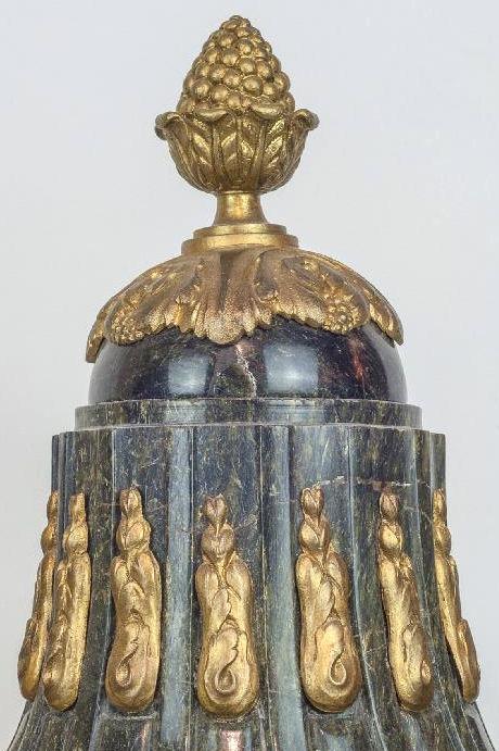 Pair Antique French Louis XVI Style Vert de Maurin Green Marble Bronze Mounted Urns