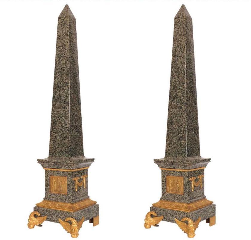 Pair Roman Neoclassical Gilt Bronze Mounted Granite Obelisks