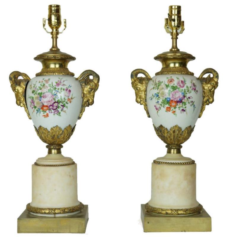 Pair Antique Floral Porcelain & Marble Table Lamps