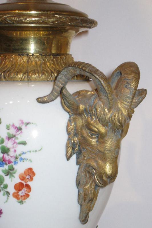 Pair Antique Floral Porcelain & Marble Table Lamps