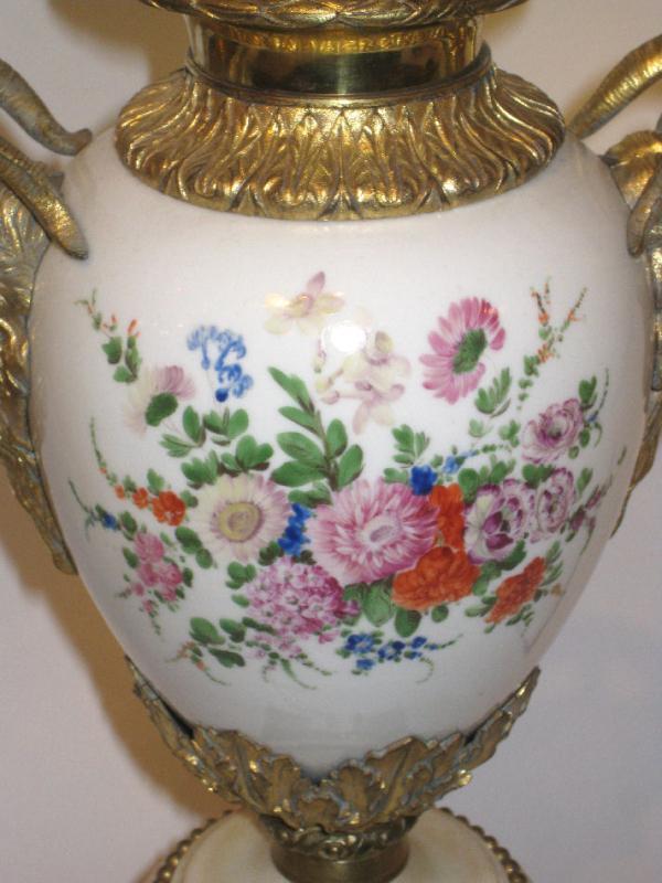 Pair Antique Floral Porcelain & Marble Table Lamps